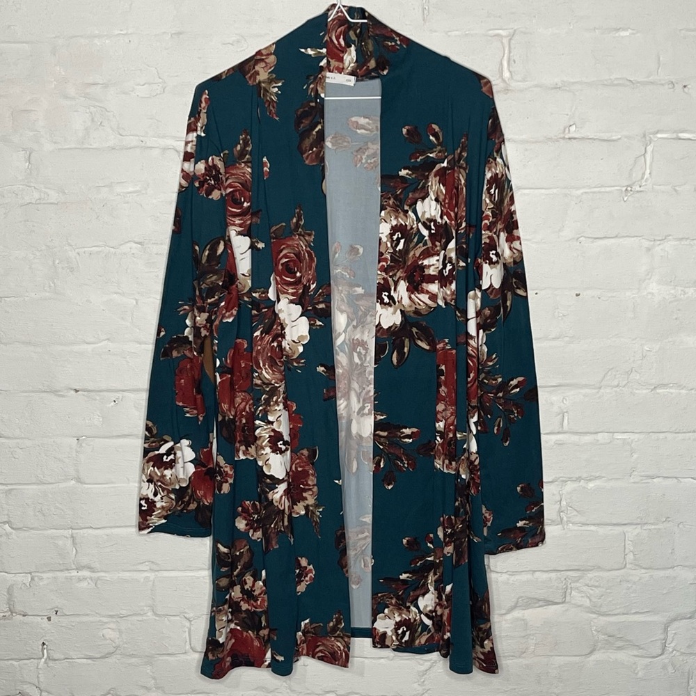 Teal Floral Open-Front Cardigan Sweater
